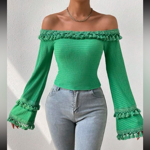 Boho Off Shoulder Flare Long Sleeve Fringe Tassel Cropped Top Blouse Shirt - Picture 6 of 7